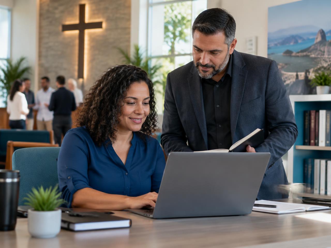 Equipe de secretaria organizando com segurança os dados da igreja